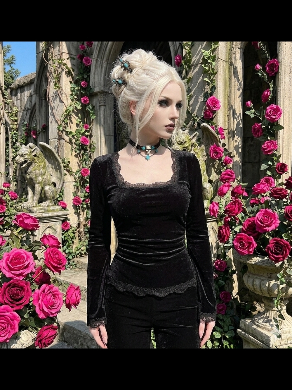 Black Velvet Lace-Trim Long Sleeve Square Neck Top